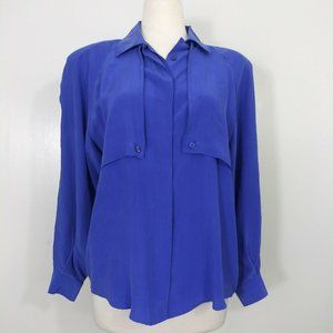 VTG 100% Silk Blouse Royal Blue Size Medium